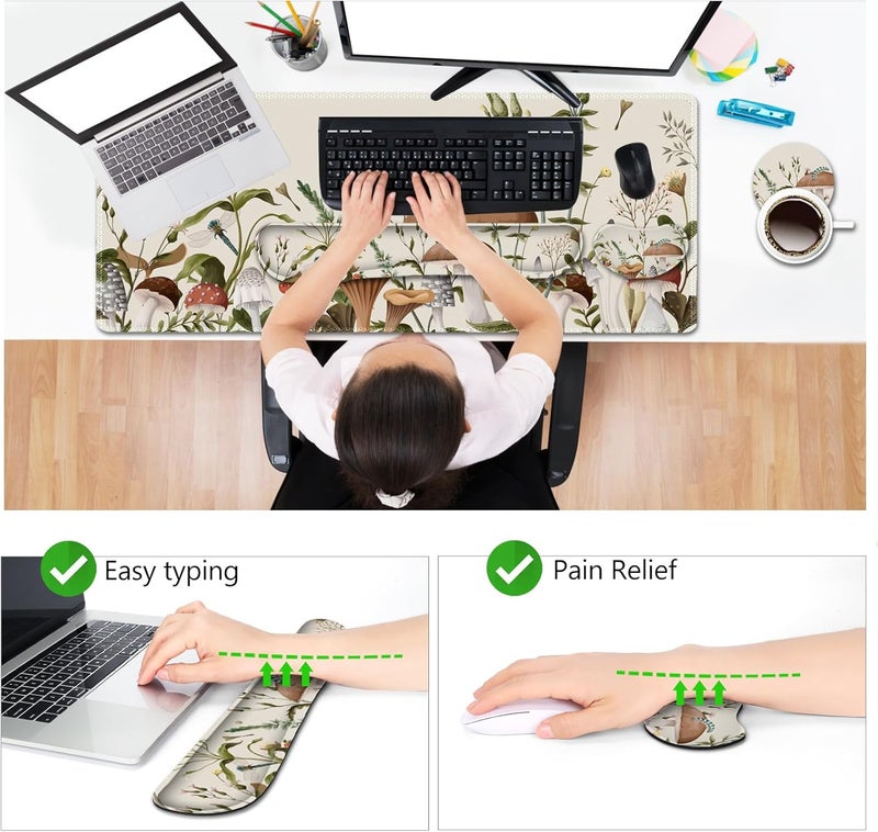 AIMSA Large Gaming Mouse Pad Set, Keyboard Wrist Rest Support+ Extended Mousepad+ Mouse Wrist Cushion+Coaster, Ergonomic Multifunctional Desk Mat 35x15.7in, Mushroom Plant Garden - Image 3